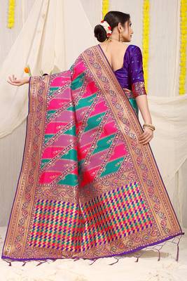Multicolor patola silk blend saree with purple zari border 2