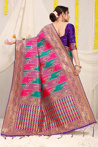 Multicolor patola silk blend saree with purple zari border