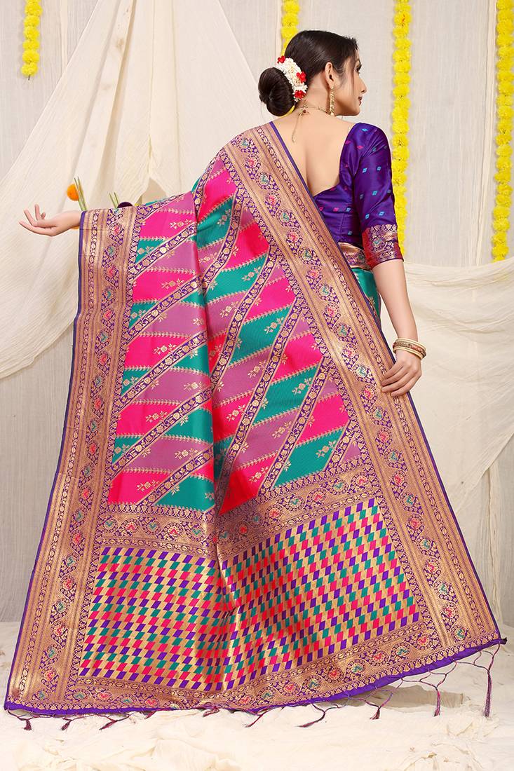 Multicolor patola silk blend saree with purple zari border