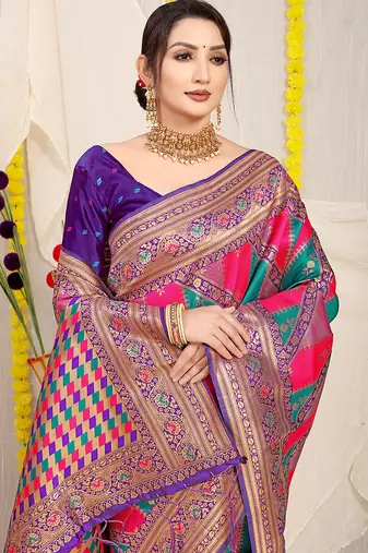 Multicolor patola silk blend saree with purple zari border