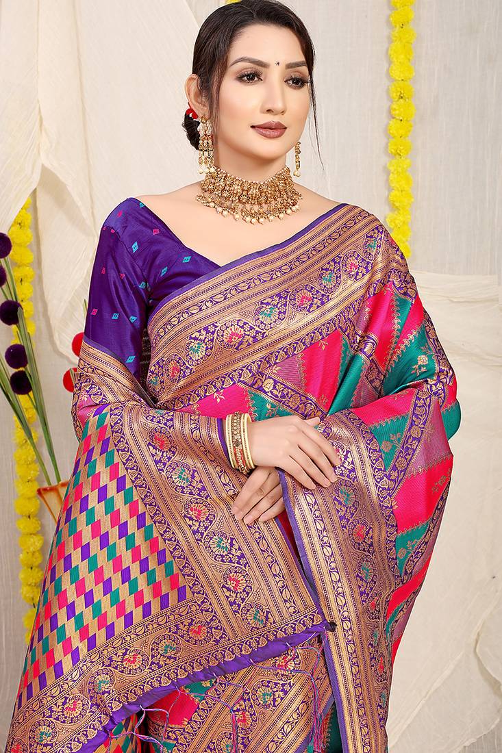 Multicolor patola silk blend saree with purple zari border