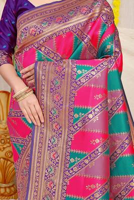Multicolor patola silk blend saree with purple zari border 4