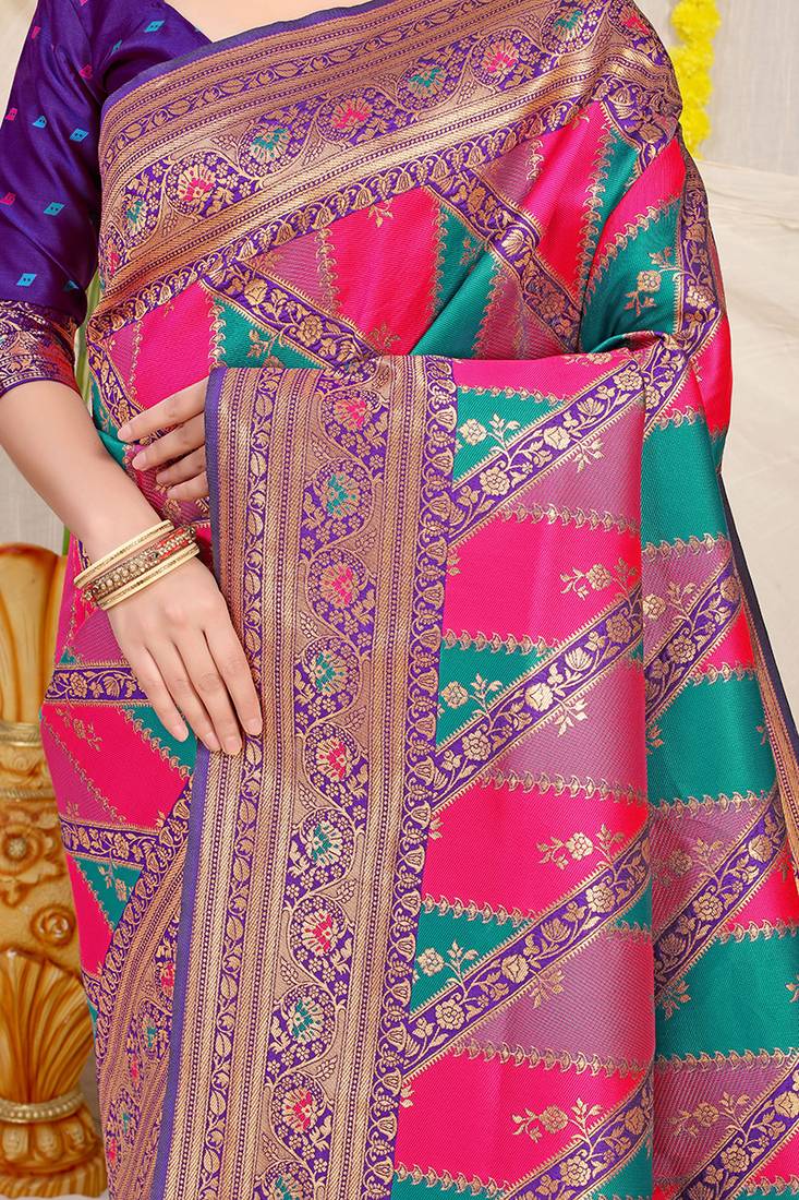 Multicolor patola silk blend saree with purple zari border