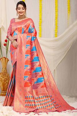 Multicolor patola silk blend saree with light pink zari border 1