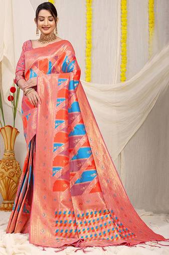 Multicolor patola silk blend saree with light pink zari border