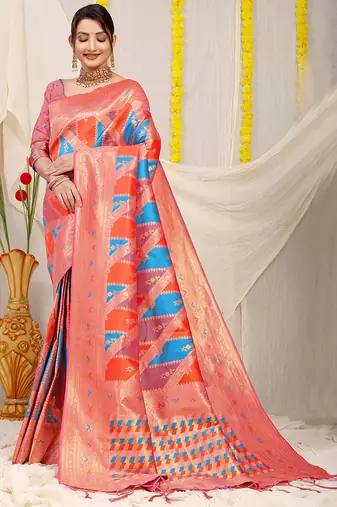 Multicolor patola silk blend saree with light pink zari border