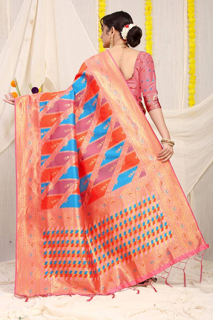 Multicolor patola silk blend saree with light pink zari border