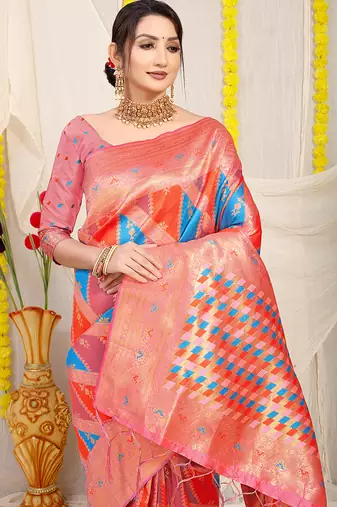 Multicolor patola silk blend saree with light pink zari border