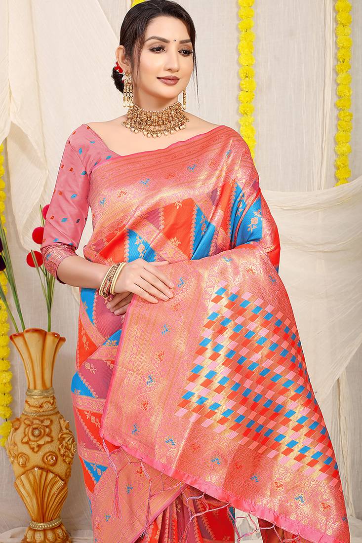 Multicolor patola silk blend saree with light pink zari border