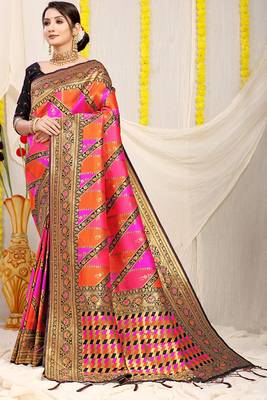 Rani pink and orange patola silk blend saree with black zari border 1