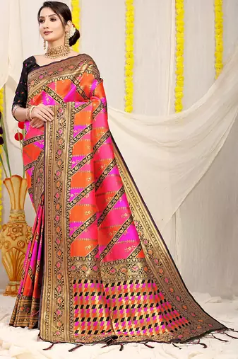 Rani pink and orange patola silk blend saree with black zari border