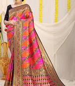 Rani pink and orange patola silk blend saree with black zari border