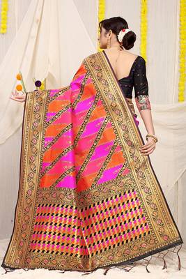 Rani pink and orange patola silk blend saree with black zari border 2