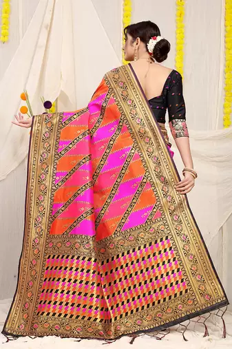 Rani pink and orange patola silk blend saree with black zari border