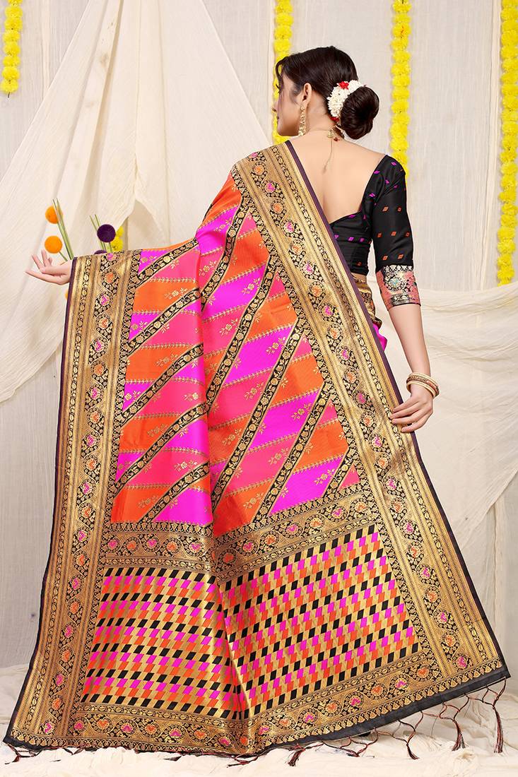 Rani pink and orange patola silk blend saree with black zari border