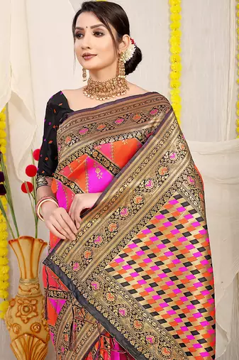 Rani pink and orange patola silk blend saree with black zari border