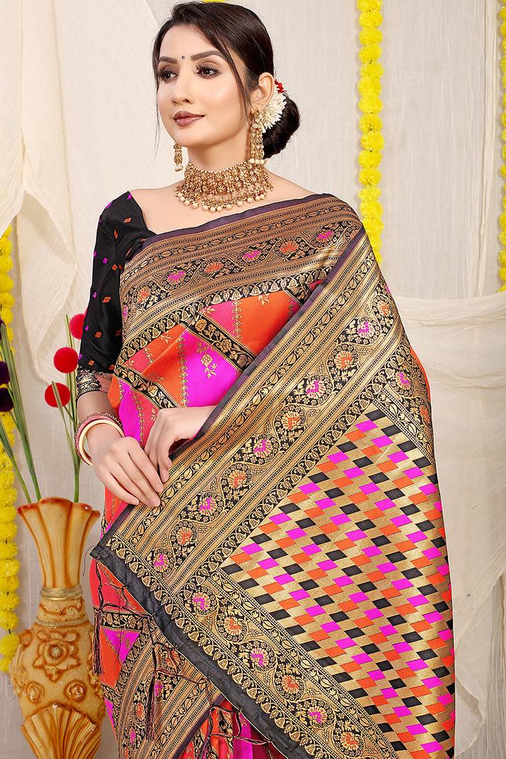 Rani pink and orange patola silk blend saree with black zari border