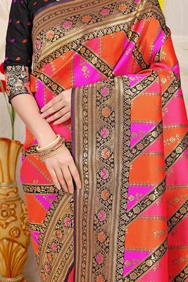 Rani pink and orange patola silk blend saree with black zari border 4