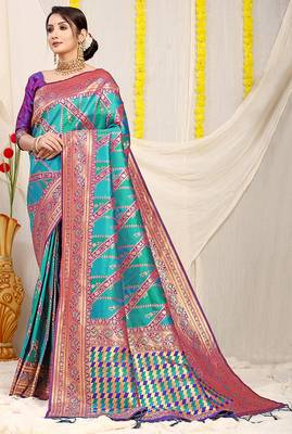 Aqua blue and teal green patola silk blend saree with purple zari border 1