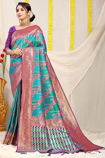 Aqua blue and teal green patola silk blend saree with purple zari border