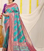 Aqua blue and teal green patola silk blend saree with purple zari border