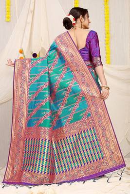 Aqua blue and teal green patola silk blend saree with purple zari border 2