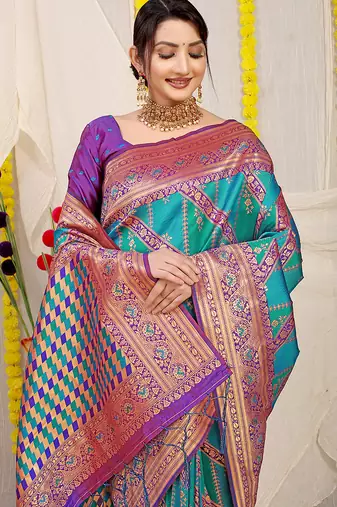 Aqua blue and teal green patola silk blend saree with purple zari border
