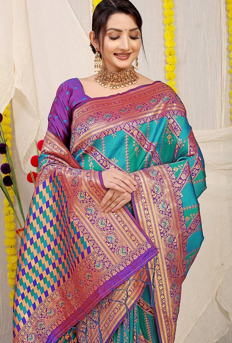 Aqua blue and teal green patola silk blend saree with purple zari border