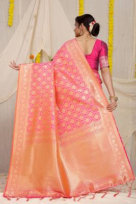 Rani pink woven banarasi silk blend saree with blouse piece 2