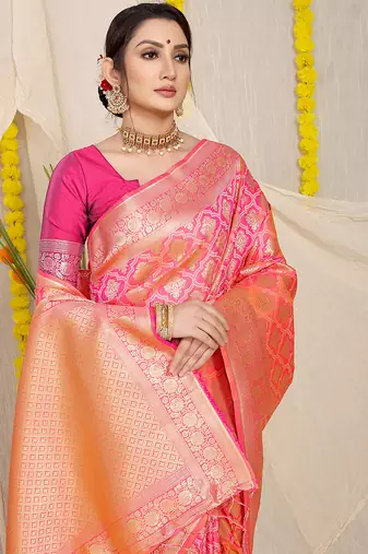 Rani pink woven banarasi silk blend saree with blouse piece