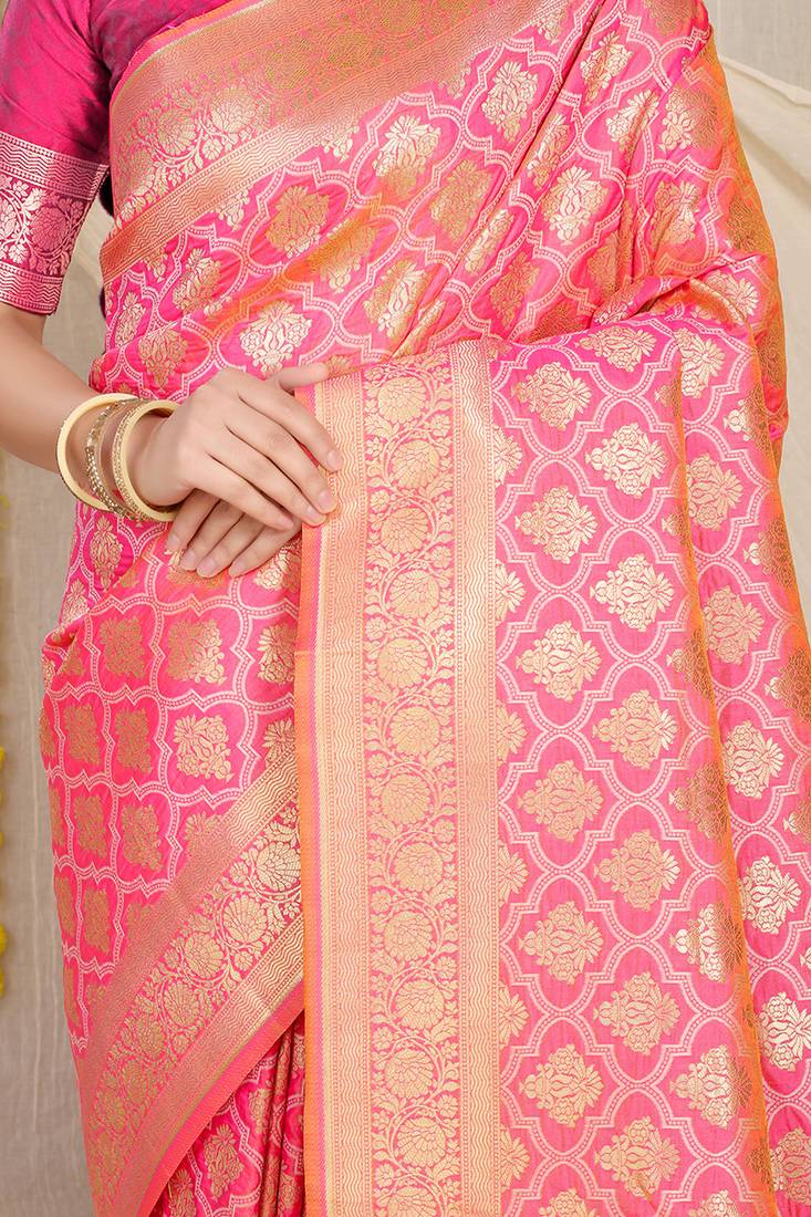 Rani pink woven banarasi silk blend saree with blouse piece
