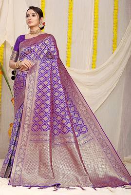 Purple woven banarasi silk blend saree with blouse piece 1