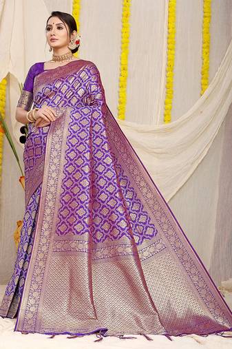 Purple woven banarasi silk blend saree with blouse piece