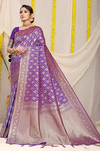 Purple woven banarasi silk blend saree with blouse piece