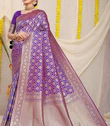 Purple woven banarasi silk blend saree with blouse piece