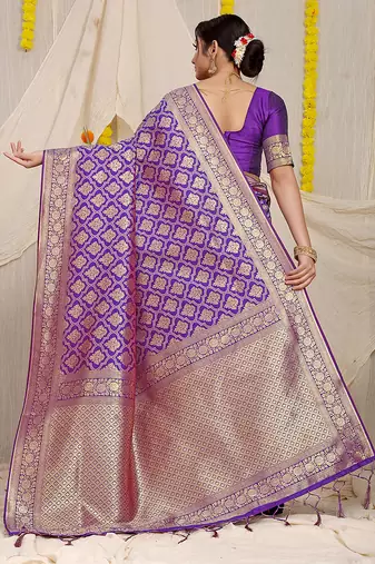 Purple woven banarasi silk blend saree with blouse piece