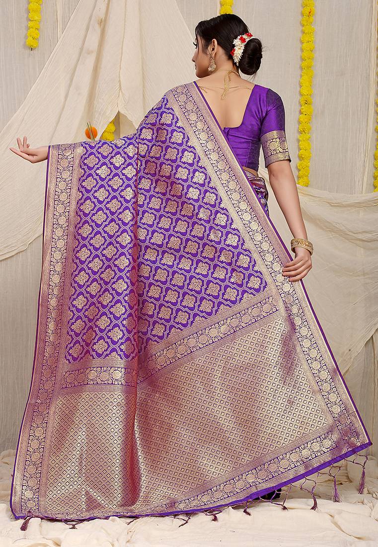 Purple woven banarasi silk blend saree with blouse piece