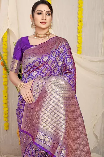 Purple woven banarasi silk blend saree with blouse piece