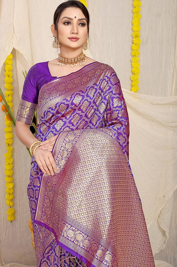 Purple woven banarasi silk blend saree with blouse piece