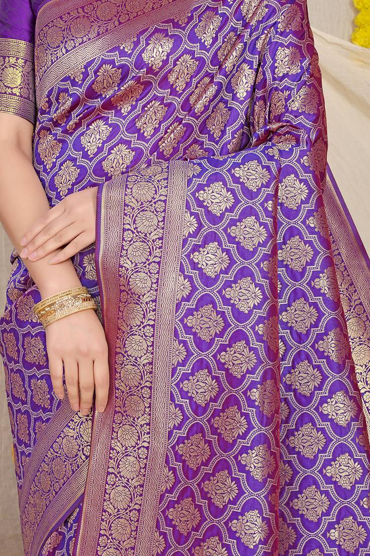 Purple woven banarasi silk blend saree with blouse piece