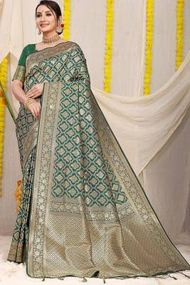 Dark green woven banarasi silk blend saree with blouse piece 1