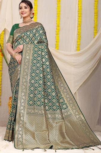 Dark green woven banarasi silk blend saree with blouse piece