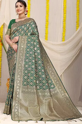 Dark green woven banarasi silk blend saree with blouse piece