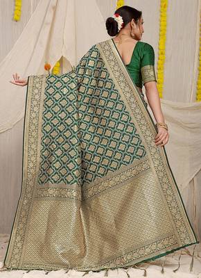 Dark green woven banarasi silk blend saree with blouse piece 2