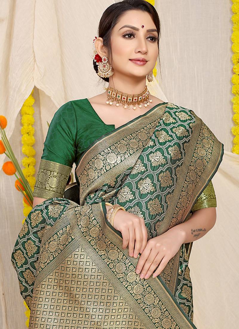 Dark green woven banarasi silk blend saree with blouse piece