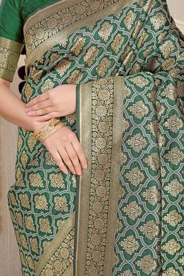 Dark green woven banarasi silk blend saree with blouse piece 4