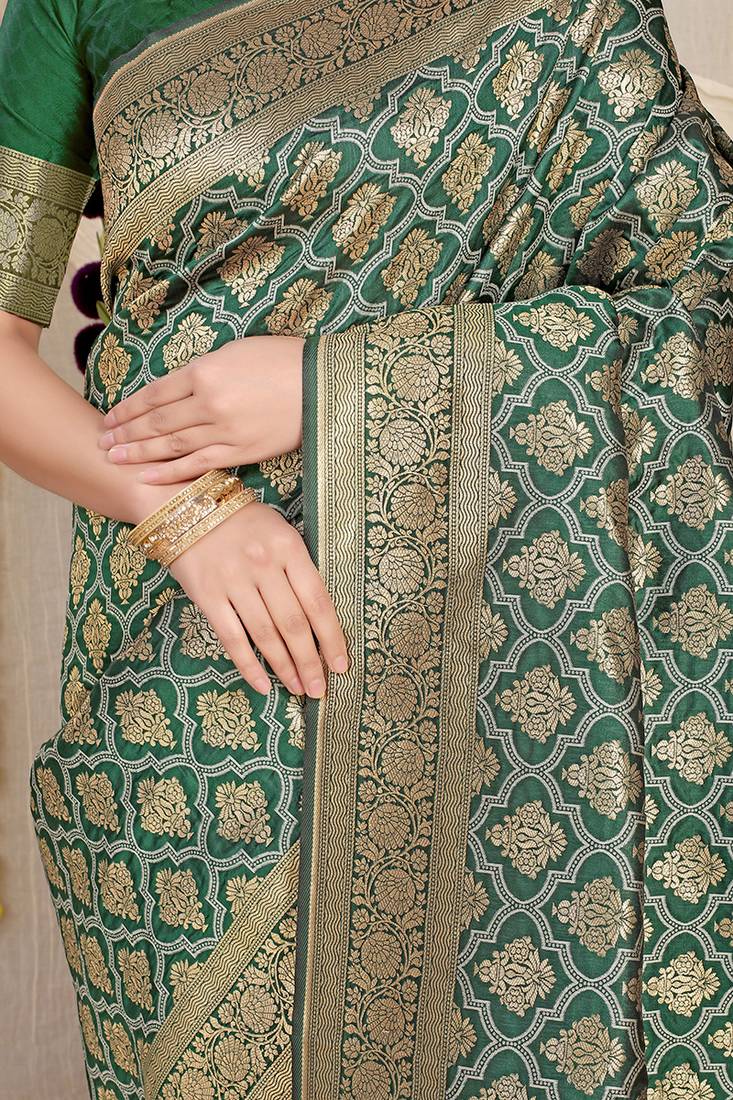 Dark green woven banarasi silk blend saree with blouse piece