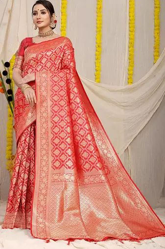 Red woven banarasi silk blend saree with blouse piece