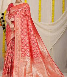 Red woven banarasi silk blend saree with blouse piece