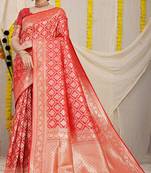 Red woven banarasi silk blend saree with blouse piece